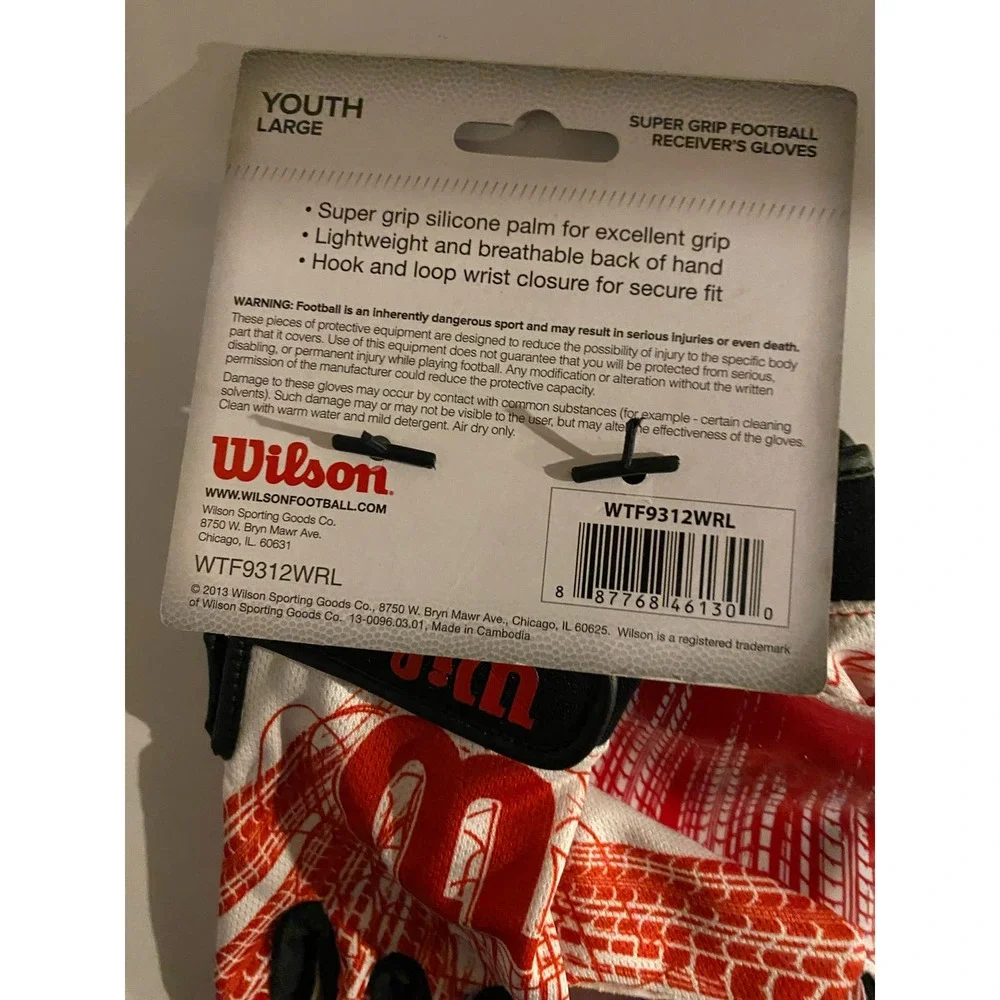 NWT Wilson Super Grip Football Receiver Gloves LARGE Youth Boys Red White Sports